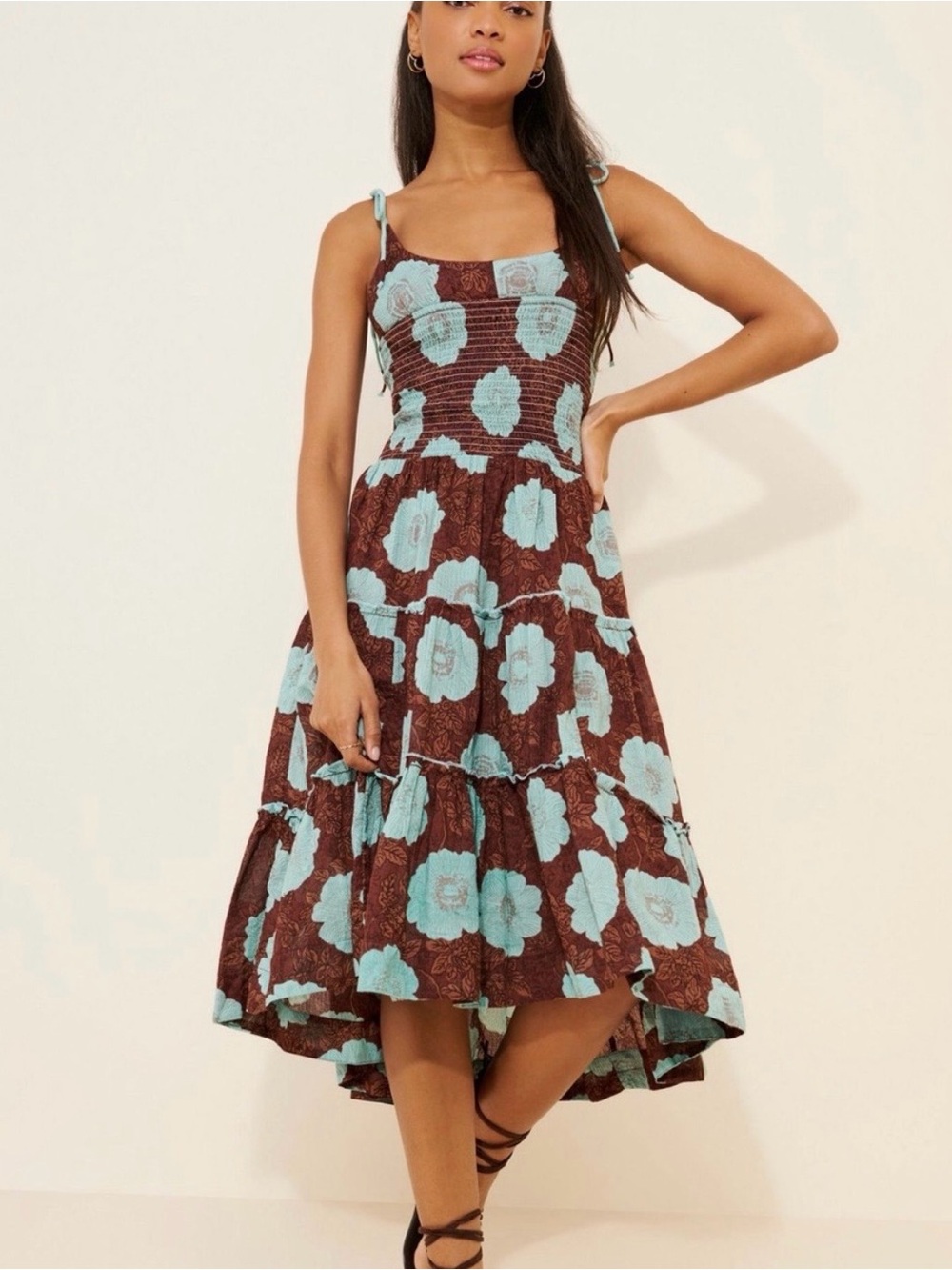 Free People Brown & Aqua Floral High-Low Tiered Midi Dress